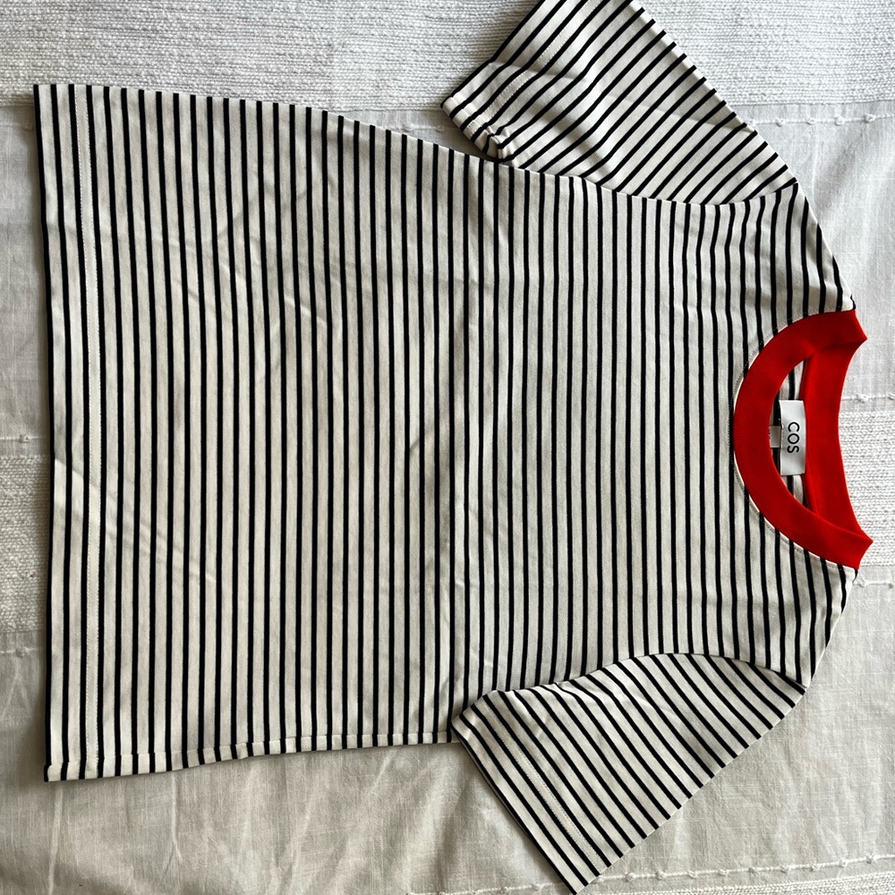COS Black & White Stripe Tee with Burnt Orange Collar